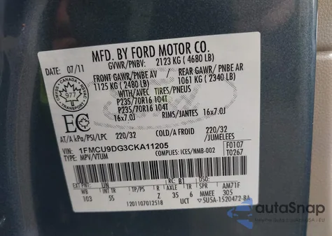2012 Ford Escape Xlt from USA, damaged, VIN 1FMCU9DG3CKA11205
